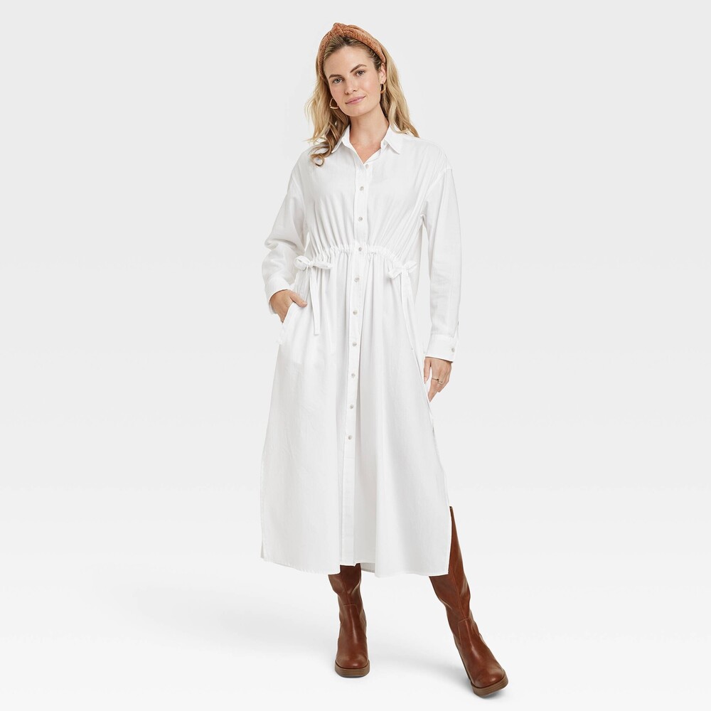 Long Sleeve Cinch Waist Maxi Shirtdress - White M